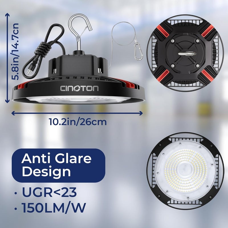 CINOTON 100W UFO LED High Bay Light, Aluminum LED Shop Lights with 15000LM, 5000K Commercial Bay Lighting for Warehouse Garage Workshop Factory Hall, 6' Cable & Safety Rope, ETL Listed 4 Pack - Image 3